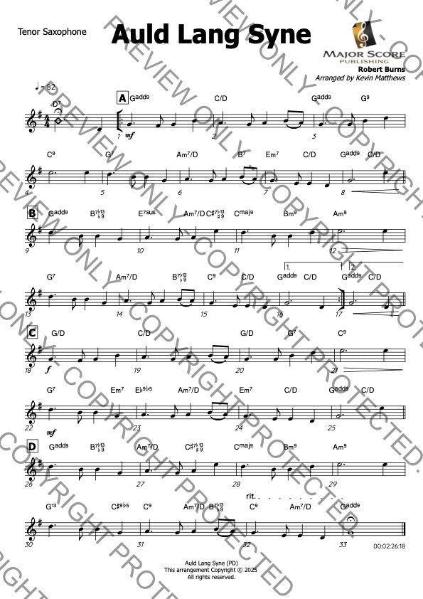 Auld Lang Syne - Tenor Sax & Piano (F)