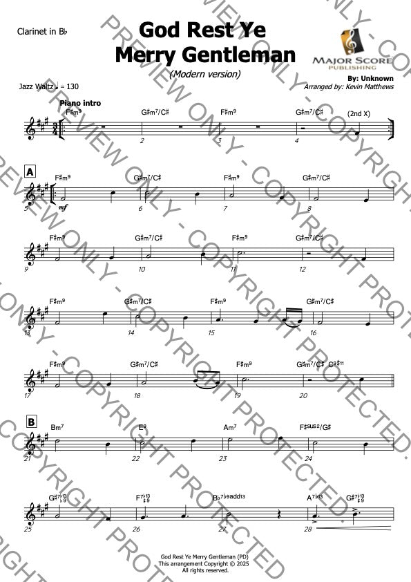 God Rest Ye Merry Gentleman - Bb Clarinet & Piano (G)