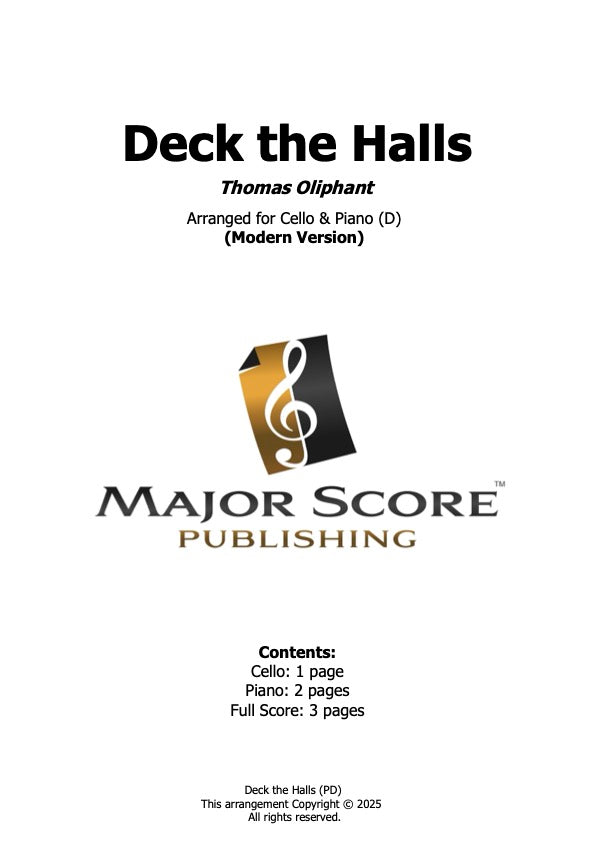 Deck the Halls - Cello & Piano (D)
