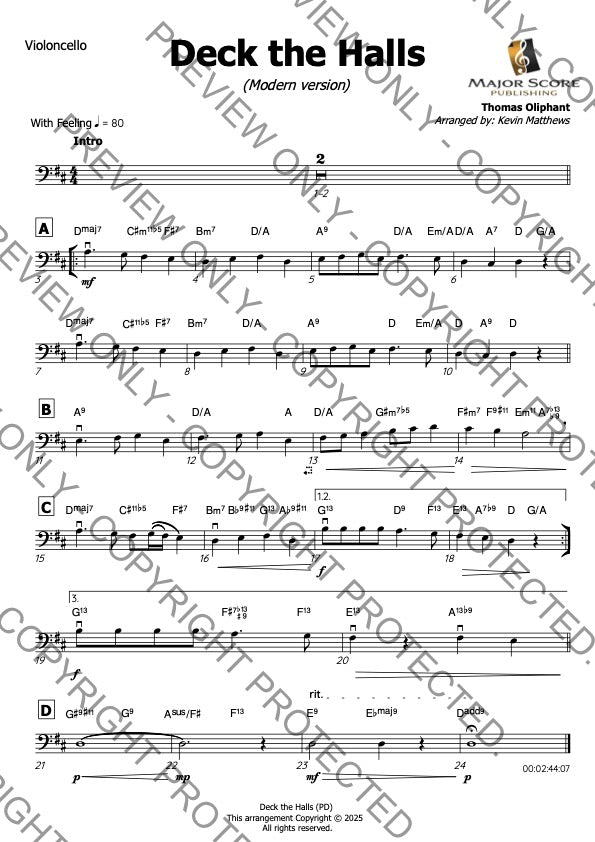 Deck the Halls - Cello & Piano (D)