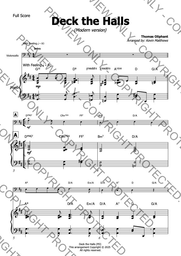 Deck the Halls - Cello & Piano (D)