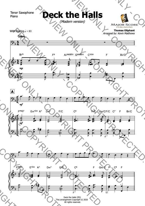 Deck the Halls - Tenor sax & Piano (F)