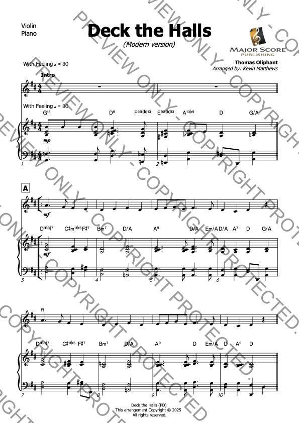 Deck the Halls - Violin & Piano (D)